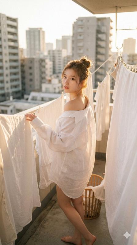 Balcony White Shirt Golden Backlight