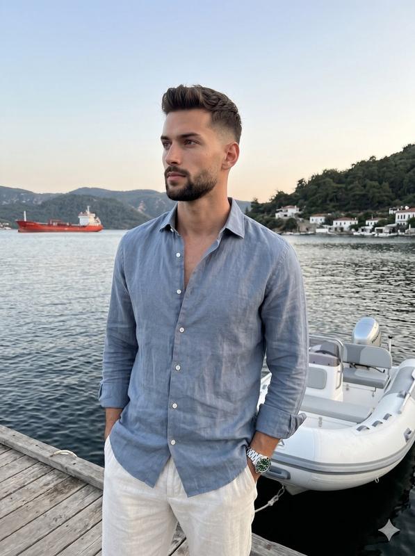 Twilight Dock Linen Shirt Portrait