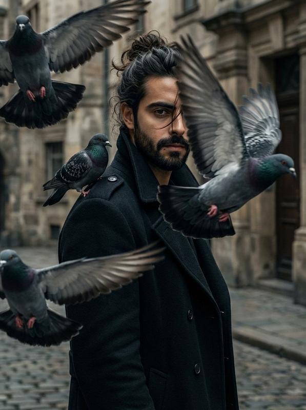 Cinematic Man Among Pigeons
