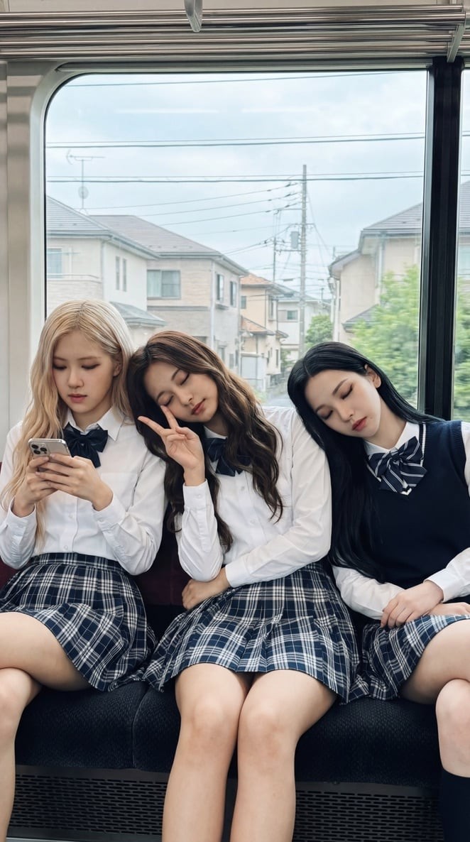 Three K-Pop Idols in School Uniforms on a Train