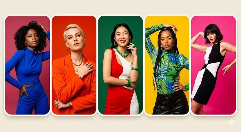 Five-Panel Color Fashion Portrait Collage