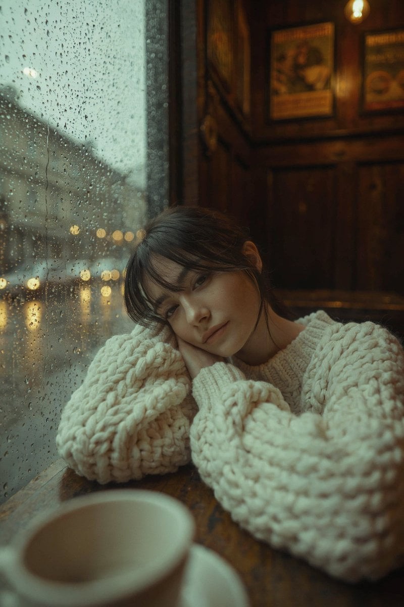 Rainy Café Cable-Knit Portrait
