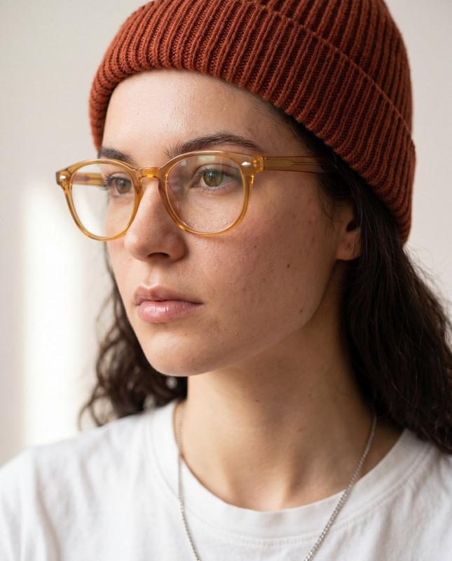 Amber Glasses Beanie Close-Up Portrait