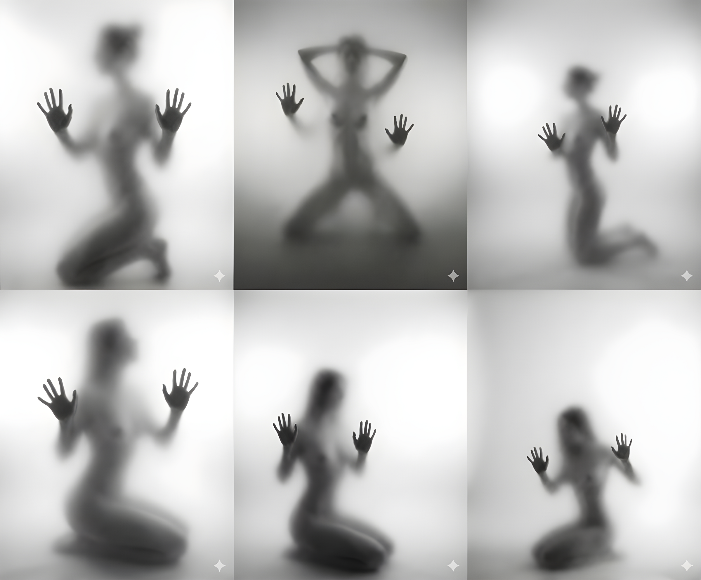 Black-and-white silhouette behind frosted glass